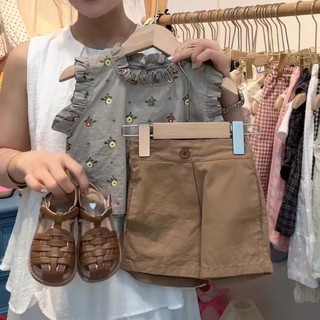 (ORDER) Set áo màu xám ba lỗ hoa nhí vải thô cotton + Quần shorts kaki mùa hè hàng QC cao cấp