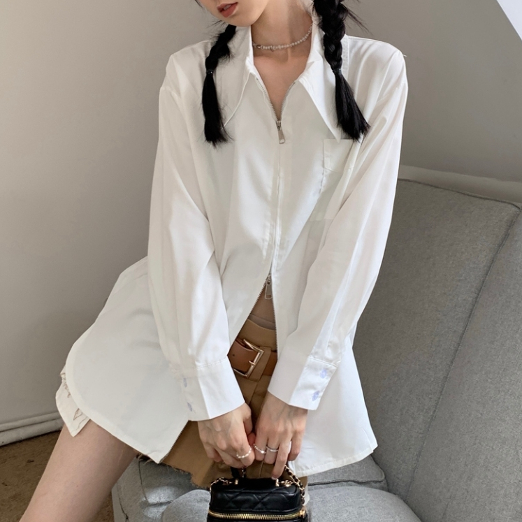 Áo sơ mi nữ Beyo áo sơ mi kéo khoá 2 đầu dáng rộng sơ mi trơn dài tay cổ đức xẻ tà phong cách Hàn Quốc FG004 | BigBuy360 - bigbuy360.vn