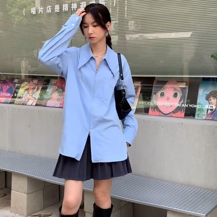 Áo sơ mi nữ Beyo áo sơ mi kéo khoá 2 đầu dáng rộng sơ mi trơn dài tay cổ đức xẻ tà phong cách Hàn Quốc FG004 | BigBuy360 - bigbuy360.vn