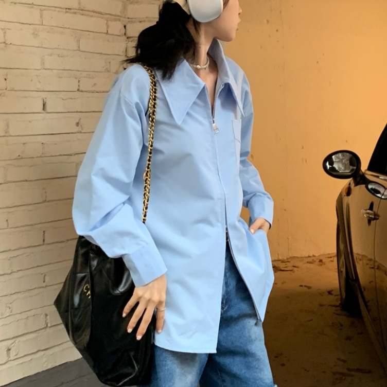 Áo sơ mi nữ Beyo áo sơ mi kéo khoá 2 đầu dáng rộng sơ mi trơn dài tay cổ đức xẻ tà phong cách Hàn Quốc FG004 | BigBuy360 - bigbuy360.vn