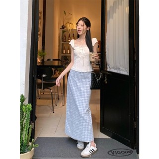 [Sẵn S] 𝐌𝐚𝐲𝐲.𝐎𝐫𝐝𝐞𝐫: Set áo trắng cổ vuông phối chân váy dài kẻ caro xanh nhẹ nhàng nữ tính