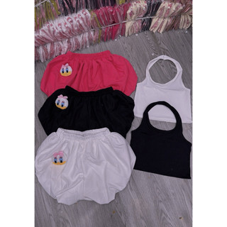 Set kiểu nữ áo yếm đeo cổ croptop, quần đùi bí tag gấu vịt cute MS0078