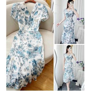 Đầm voan tơ hoa xanh đuôi cá V3023 Aholic