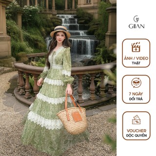 Váy maxi đi biển dáng dài boho Giian thiết kế cổ v phối ren tà xếp tầng cách điệu vải tơ óng in họa tiết cao cấp VA0859