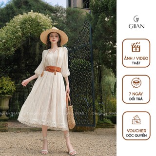 Váy đi biển boho vintage Giian thiết kế cổ V tay lửng vải ren cao cấp - VA0875