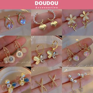 Bông tai nữ Doudou Khuyên tròn đính đá Hoa tai dài cá tính phong cách Hàn Quốc đơn giản EH008