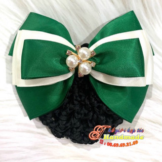Kẹp búi lưới handmade màu xanh lá đậm đính hoa K10