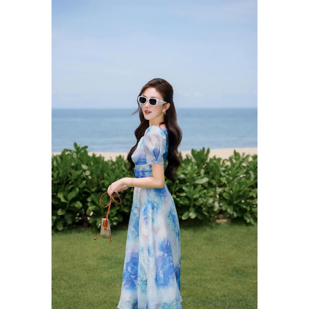 Đầm tay phồng cổ tim phối đai eo LD328