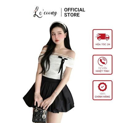 Áo Trễ Vai Dáng Ngắn Phối Tag Nơ LECOONG A2 CV2 Chân Váy Đẹp Dáng Bí