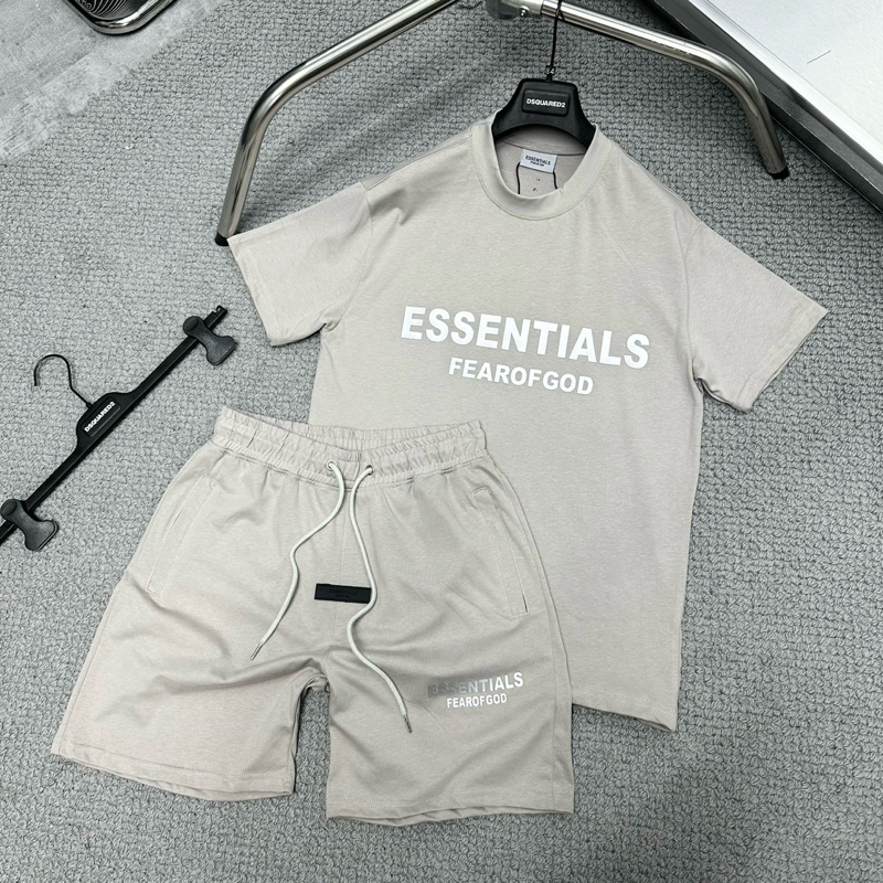 Bộ đồ nam cộc tay mặc hè Essentials cotton cổ tròn in chữ cao su nổi trước ngực logo basic