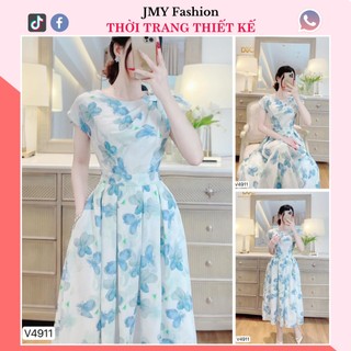 V4911 Váy trắng hoa xanh cổ thuyền dáng xòe dài sang chảnh [Dolce Viva Colection (DVC)] Váy đầm hoa xanh dáng xòe xếp ly