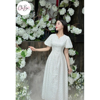 Đầm thiết kế maxi hoa tay phồng cổ V - Chị Ba Boutique