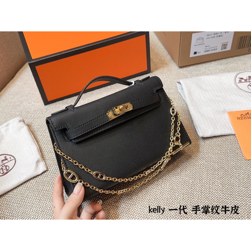 Túi xách HM kelly màu đen dây đeo chéo vàng sáng size 20 cm