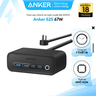 Trạm sạc nhanh anker 525 công suất 67w 7 cổng - 2 cổng usb & 2 cổng usb - c & 3 ổ sạc đa năng ac - a91c0