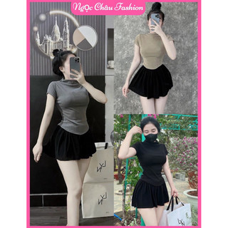 Set áo tay ngắn cổ lọ vạt bầu phối chân váy ngắn xếp ly lưng thun có quần trong 3 màu nu, xám, đen form 38-56kg