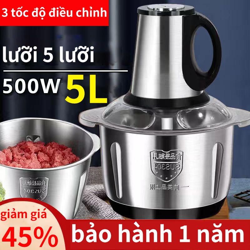 [Bảo Hành 1 Năm] Máy Xay Thịt Inox 304 Dung Tích Lớn 5L, Máy Xay Thịt Đa Năng 5 Lưỡi, 500W