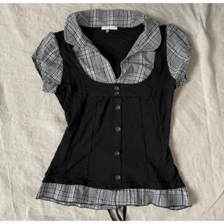 𓊆ྀི❤︎𓊇ྀི : Y2k gothic dark coquette milkmaid top áo nữ tay phồng cổ sơ mi hoạ tiết kẻ sọc phong cách vintage grunge ⊹+⋆