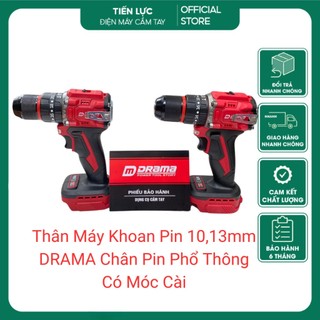  Thân Máy Khoan Pin DRAMA Đỏ Đầu Kẹp 10,13mm Không Chổi Thân Chân Pin Phổ Thông Có móc cài,lớp INOX Bọc sau máy tiện dụng 