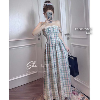 Đầm kiểu dáng dài xòe kẻ caro 2 dây đính nút ngực phối viền ren! TOMBI SHOP