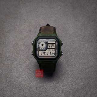 Dây đồng hồ da bò thật da sáp cho Casio World Time AE-1200