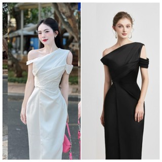 [CÓ SẴN] Đầm dự tiệc lụa trễ vai vạt xéo, Váy đi bàn cô dâu thiết kế lệch vai xoắn eo sang chảnh tiểu thư có đệm ngực