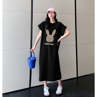Váy thun cổ tròn tay ngắn dáng rộng in hình đầu chú thỏ giản dị thời trang TTDSA0230