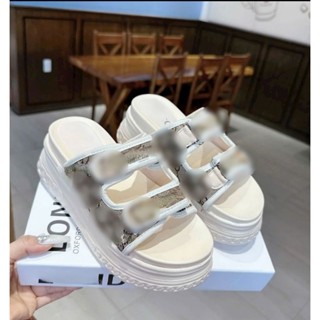 Dép lê nữ 2 quai ngang vải dạ đế cao 7cm hack dáng tăng chiều cao