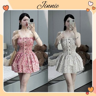 Đầm ống. đầm cúp ngực dáng ngắn xoè tầng phối cúc hoạ tiết hoa nhí 2 màu siêu xinh Jinnie Store