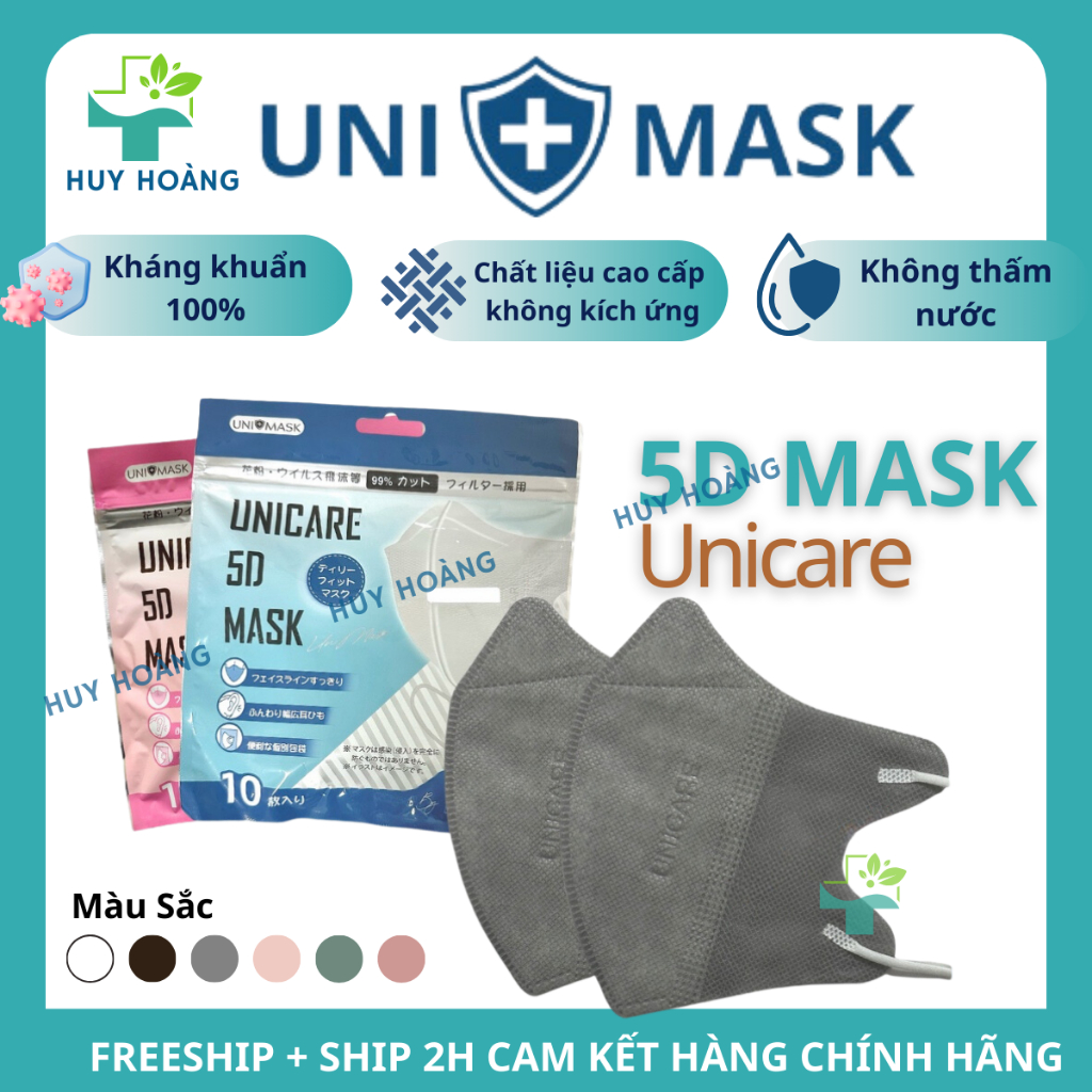 100 Cái Khẩu trang 5D Uni Mask 3 lớp kháng khuẩn, khẩu trang Unicare 5D chống nắng chống lem son