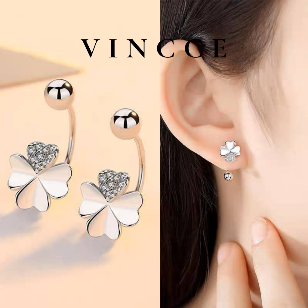 Khuyên tai bạc nữ chốt bi vặn S925 VINCCE kiểu dáng cỏ 4 lá hoa cong KTV34
