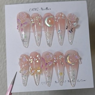 Móng giả- Nailbox móng úp thiết kế thạch cam hồng lấp lánh đính charm xinh xắn