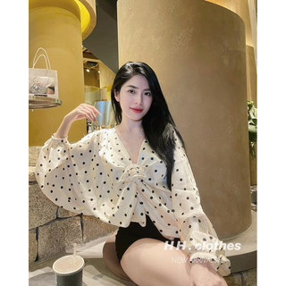 Áo lụa thiết kế hoạ tiết chấm bi, áo lụa chấm bi vải mềm dày dặn