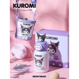 Bình giữ nhiệt Kuromi 600ml cho Bé Chính hãng Beddy bear 1 nắp 2 chức năng ống hút và uống trực tiếp Túi đeo da cao cấp