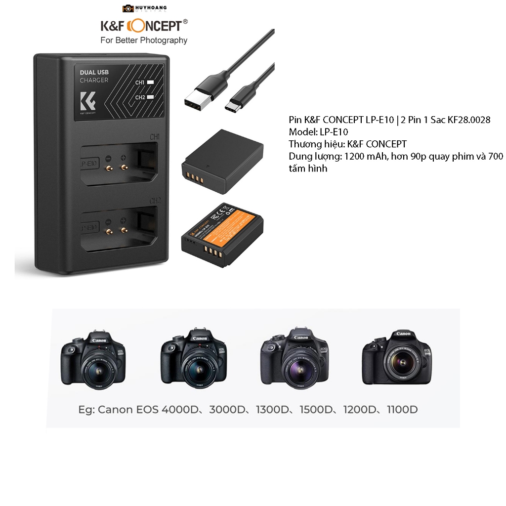 Pin máy ảnh K&F CONCEPT đủ loại | 2 Pin 1 Sạc - K&F CONCEPT LP-E10