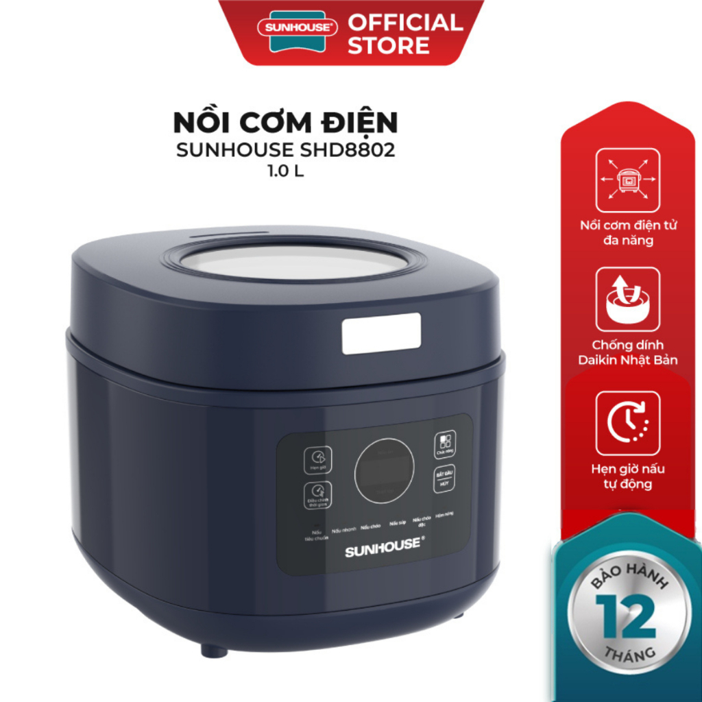 Nồi cơm điện tử 1L SUNHOUSE SHD8802 - Công suất 600W - Hẹn giờ - Đa chức năng - bảo hành 12 tháng
