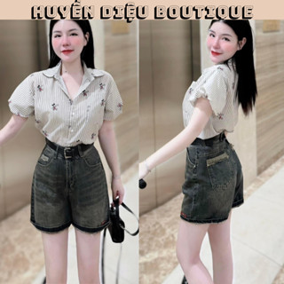 Quần short jean nữ phối màu túi sau màu xanh Wash ánh bạc , quần jean ngố nữ trẻ trung năng động - Huyền Diệu Boutique