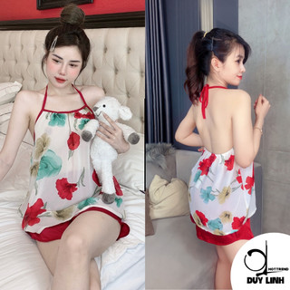 Bộ đồ ngủ nữ sexy phối hoa gồm áo yếm cột dây chất voan cát hàn quần đùi lụa latin mềm mại DUYLINH