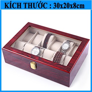 Hộp đựng đồng hồ nhiều ngăn bằng gỗ sơn bóng màu đỏ cao cấp