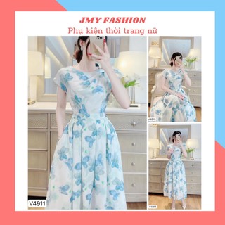 V4911 Váy trắng hoa xanh xòe dài nữ tính [Dolce Viva Colection (DVC)] váy hoa xanh cổ thuyền xếp ly vai sang chảnh