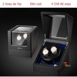 Hộp lên dây cót đồng hồ 2 xoay có chế độ, hộp 2 xoay đồng hồ bọc da cacbon có đèn