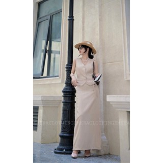 Set gile chân váy thiết kế Amelia Nâu Sữa váy dài Midi xẻ sau lưng áo croptop thắt eo tôn dáng Emera