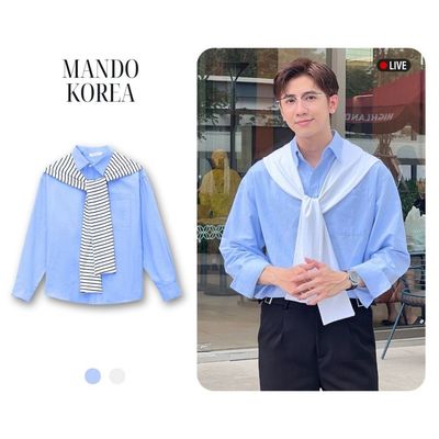 Áo Sơ Mi Xanh Phối Khăn MANDO Chất Liệu Vải Oxford Dày Dặn Đứng form Phong Cách Hàn Quốc - SHT030