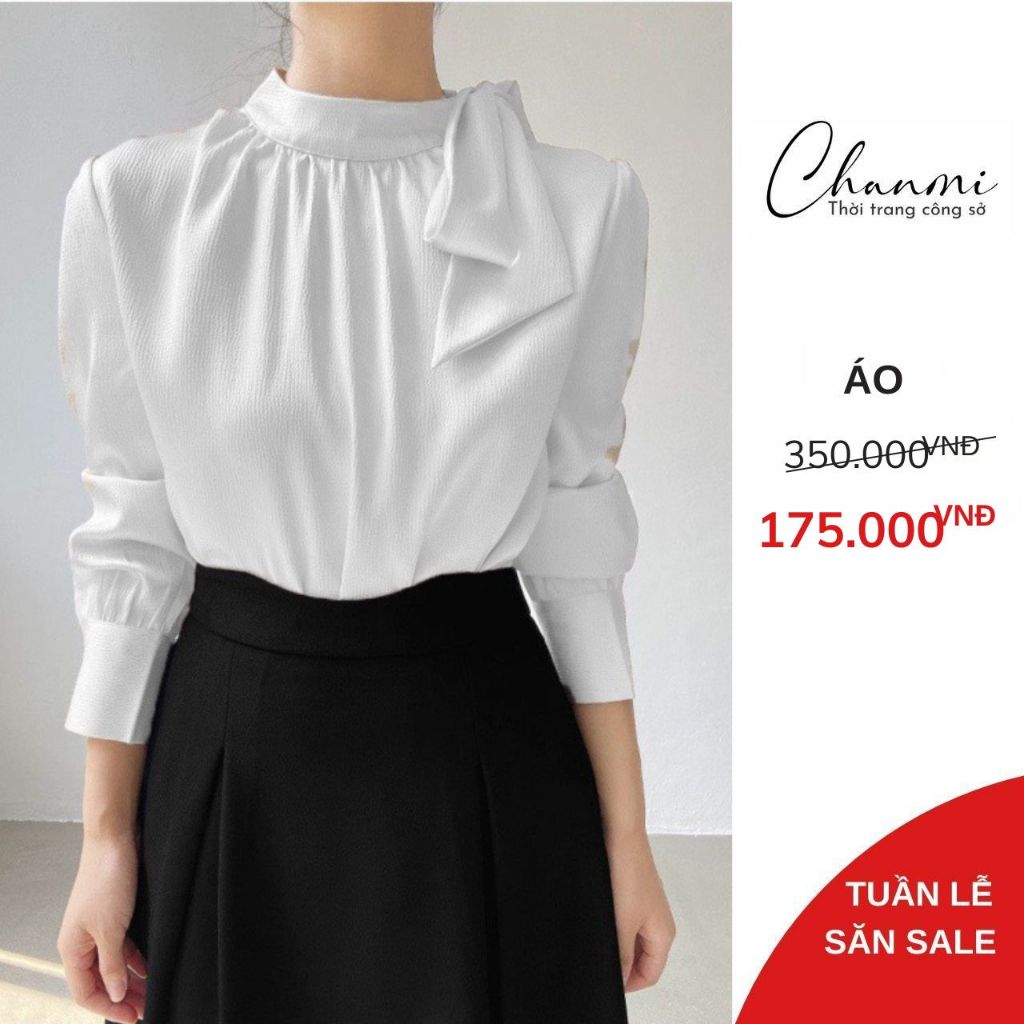 Sơ mi lụa công sở kiểu mới nhẹ nhàng sang trọng CHANMI A02, áo sơ mi hàn quốc cổ cao thắt nơ tay phồng cao cấp