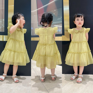 [Mèo Sam Ơi] Váy organza bồng bềnh tay cánh tiên màu xanh bơ (có lót) cho bé gái đi học đi chơi đi biển 10-20kg