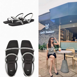 Sandal ZR bệt 2 quai ngang đính đá trắng Full box[