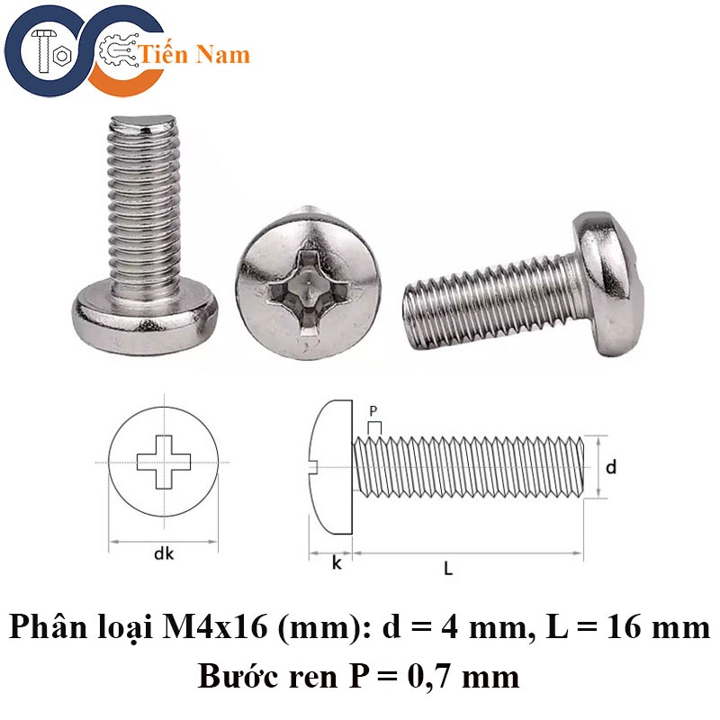 Vít bake đầu cầu thân bu lông ren mau inox 304 M4x16 - túi 10 con