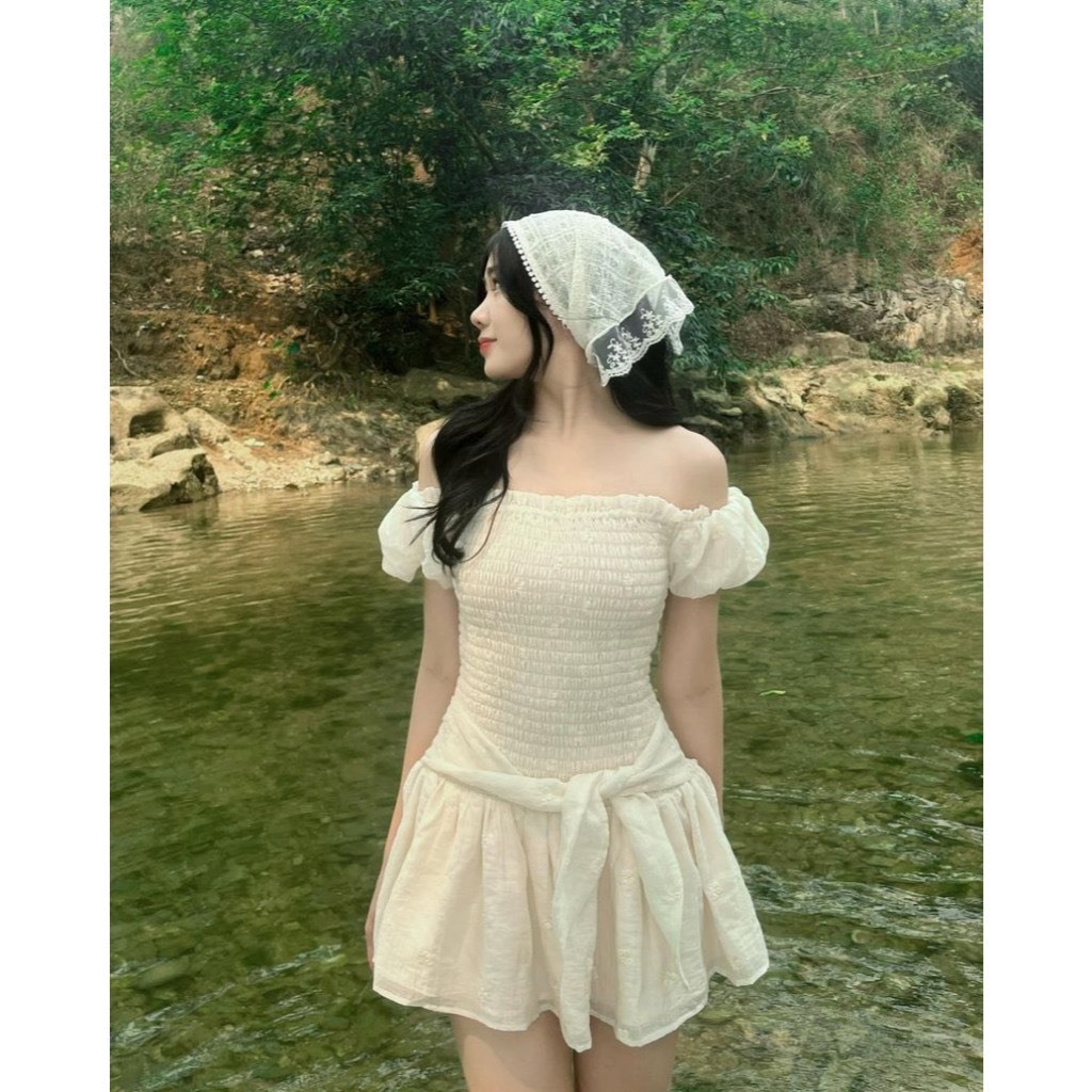 ĐẦM BIGSIZE NHÚN CHỈ THÂN THẮT NƠ [TNT SHOP BIGSIZE 60KG 90KG]