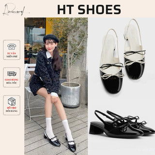 Giày cao gót C mũi tròn đính nơ hở gót đế vuông cao 4cm phong cách tiểu thư thanh lịch dễ phối đồ Fullbox #8408