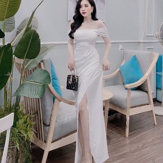 Đầm Dạ Hội Lụa KADI STORE thiết kế bản bẹt vai có xẻ đùi cao trẻ trung và sang trọng đi chơi, tiệc lớn và cô dâu bàn tiệ