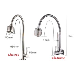 Vòi rửa chén lạnh inox 304 không gỉ, cần mềm bẻ xoay 360 linh hoạt điều chỉnh 2 chế độ